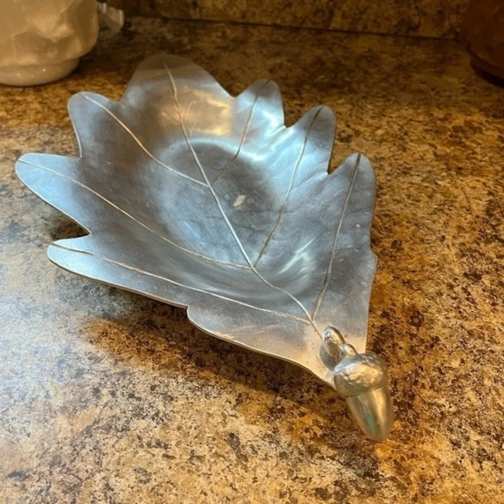 Vintage Palmer Smith Silver Aluminum Leaf Tray Acorn Handle